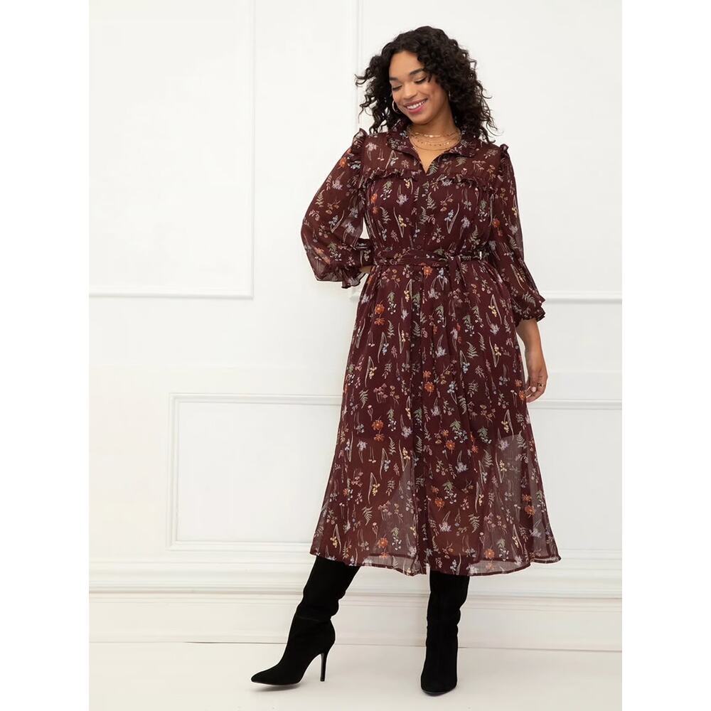 Eloquii Elements Floral Chiffon Ruffle Maxi Shirt Dress Plus Size 20